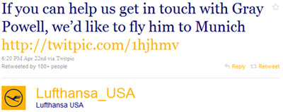 Lufthansa USA Gray Powell Tweet