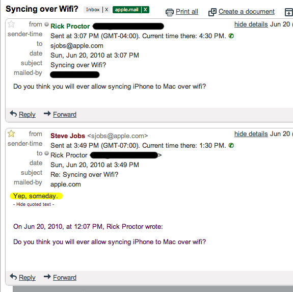 Steve Jobs E-Mail iTunes WLAN Sync
