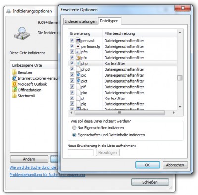 Windows 7 Indizierungsoptionen