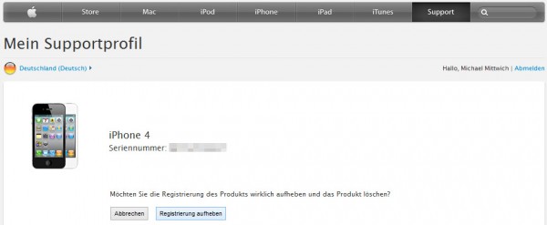 Apple Supportprofil: Registrierung aufheben