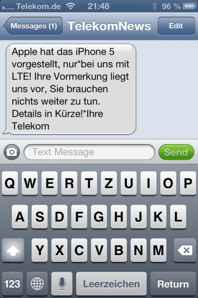 iPhone 5 Telekom LTE Werbe-SMS