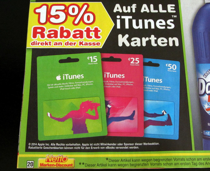 15% Rabatt auf iTunes Karten bei Netto